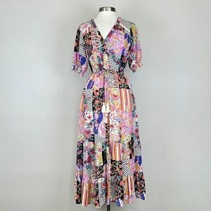Indigo Rose Dress‎ S Patchwork Boho Hippie Floral Polka Dot Tiered Button Midi